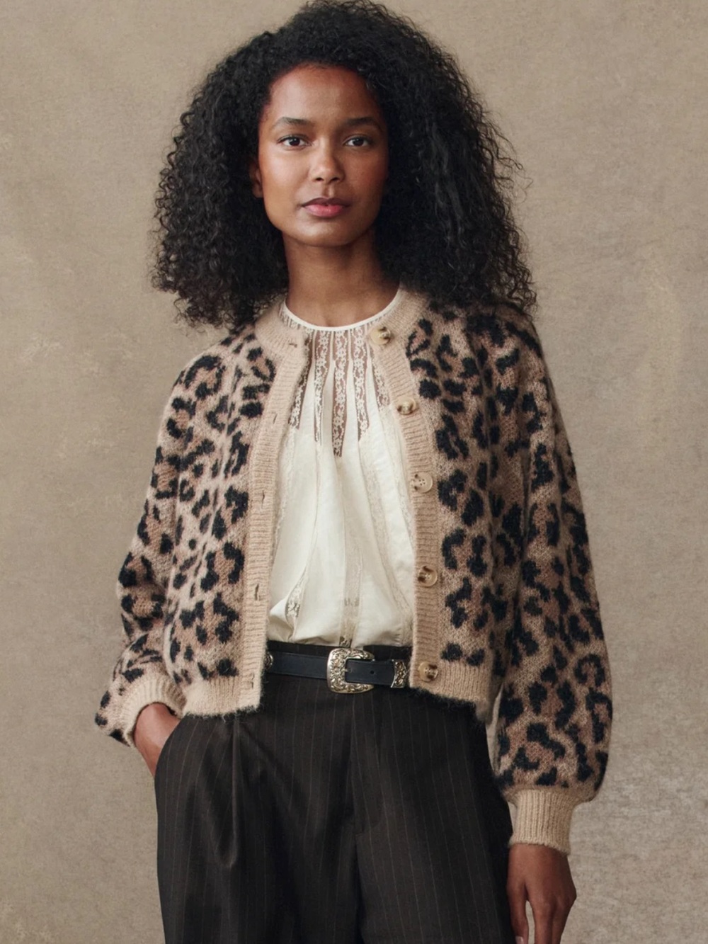 The Great the Windsor Cardigan in Leopard Print Beige